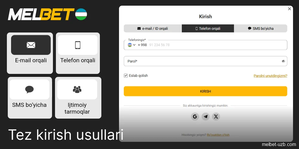 O'zbekistondagi foydalanuvchilar uchun Melbet hisobiga kirish usullari